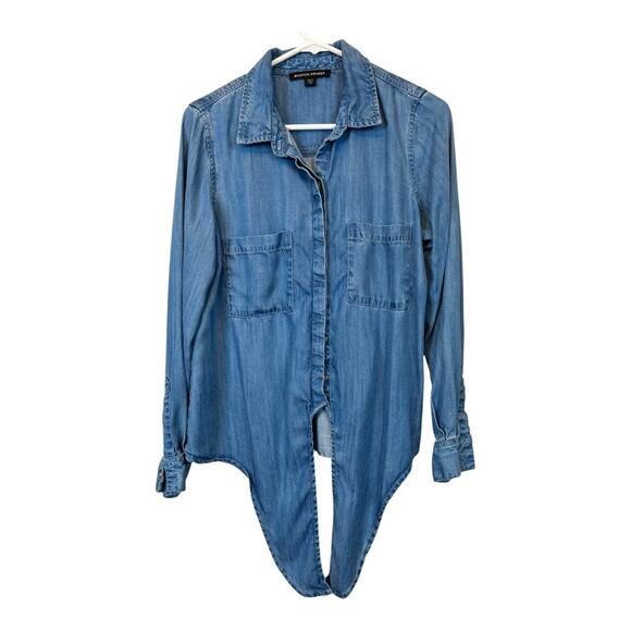 Boston Proper Blouse Shirt Top Blue Chambray Tie Front Casual Small Soft Comfy - Picture 2 of 6
